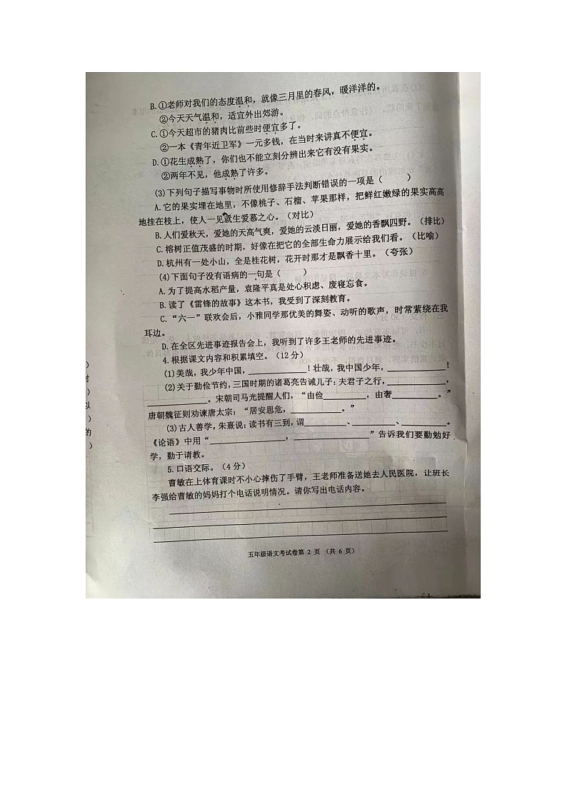 2019-2020学年湖北省武汉市蔡甸区五年级上期末语文试卷02