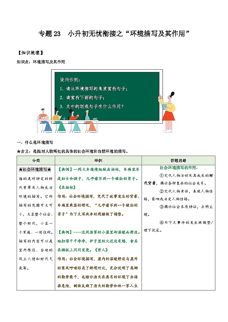 统编版语文小升初暑期提升讲练 专题23 拓展讲义:环境描写及其作用(解析版)第1页