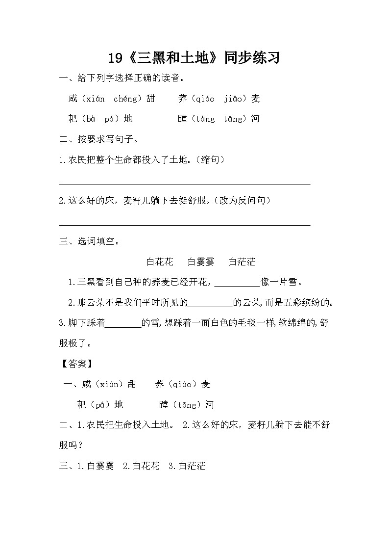部编版语文六上21《三黑和土地》同步练习01