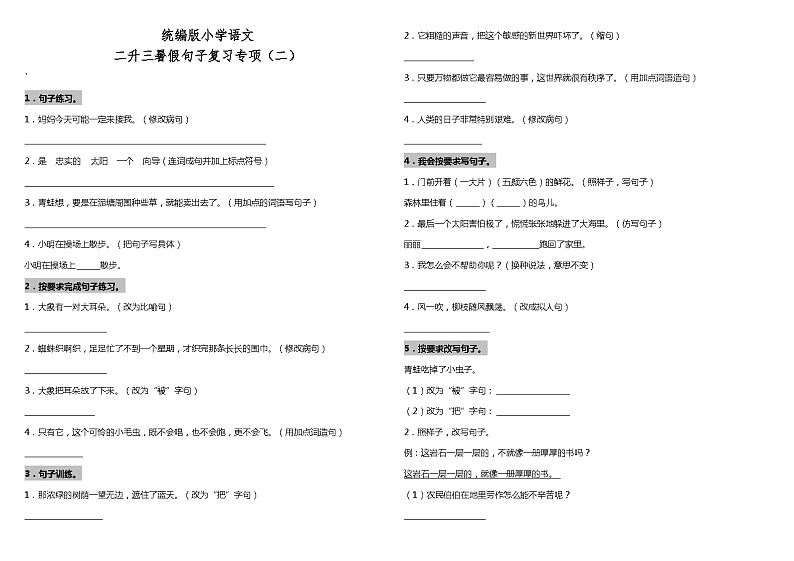 【暑期专项复习】部编版语文二年级(二升三)暑假:句子复习专项(二)(含答案) 练习01