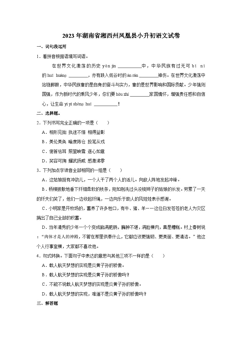 2023年湖南省湘西州凤凰县小升初语文试卷01