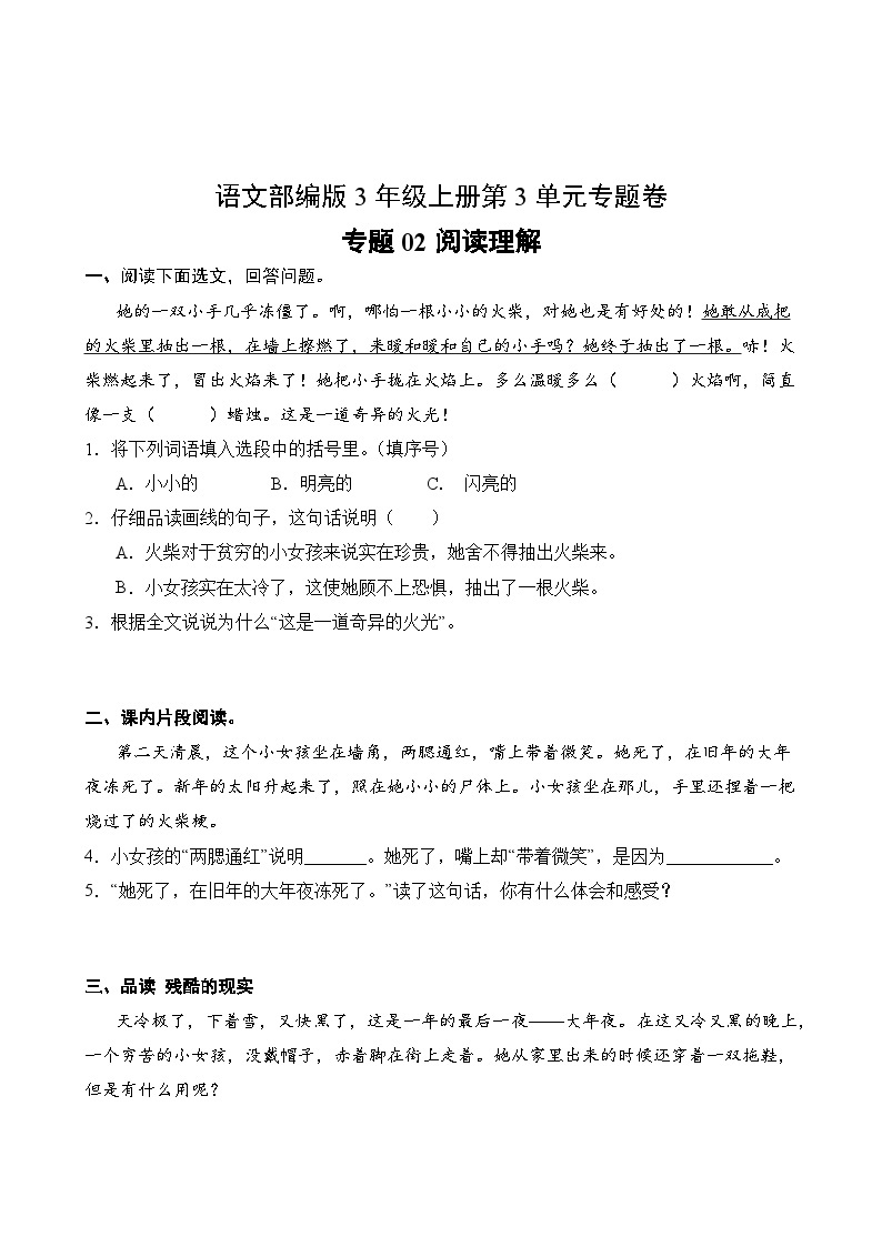 语文部编版3年级上册第3单元专题卷02 阅读理解02