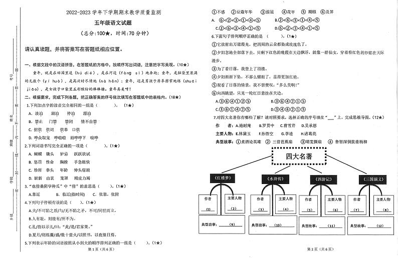 山东省临沂市兰陵县2022-2023学年五年级下学期期末考试语文试题01