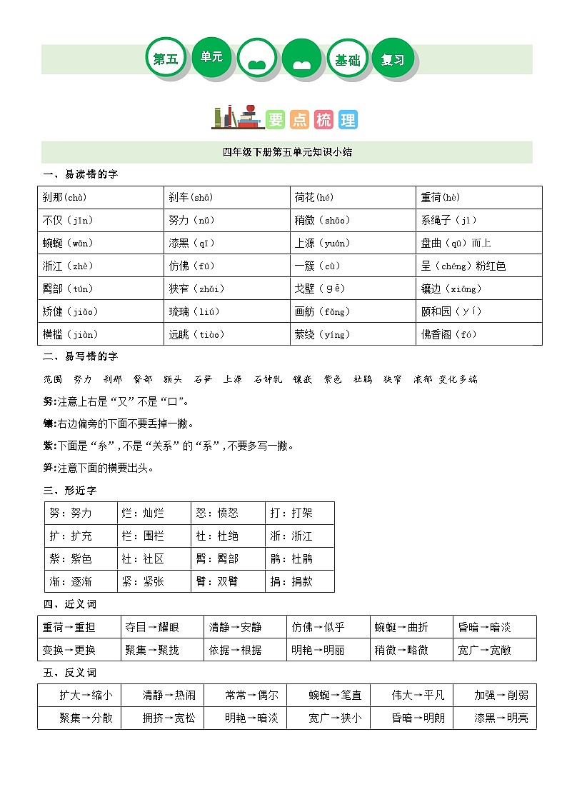 【单元复习】部编版语文四年级下册-第五单元复习讲义(讲义+检测)01