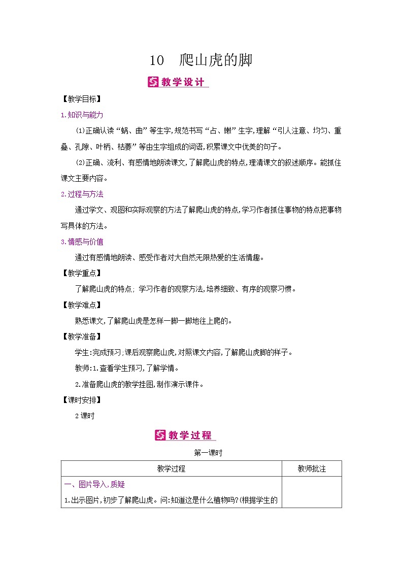 人教统编版(五四制)小学语文 四年级上册 10爬山虎的脚教案+反思01