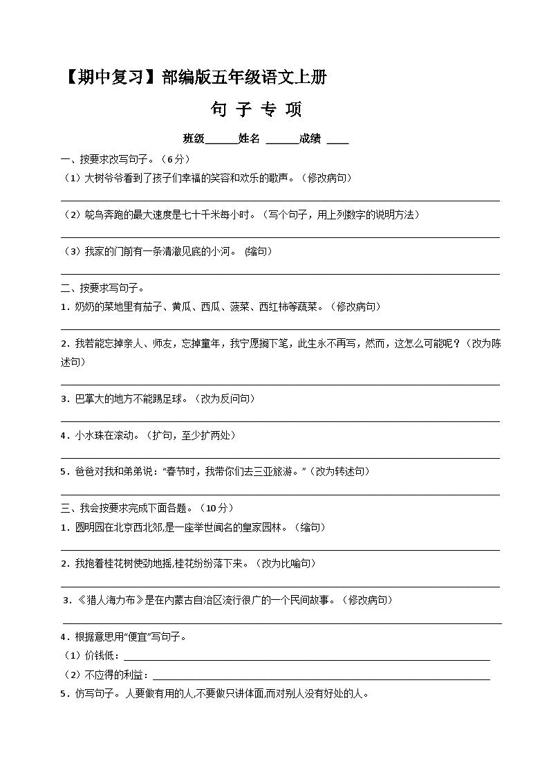 【期中复习】句子专项（有答案）人教部编五年级语文上册期中 练习01