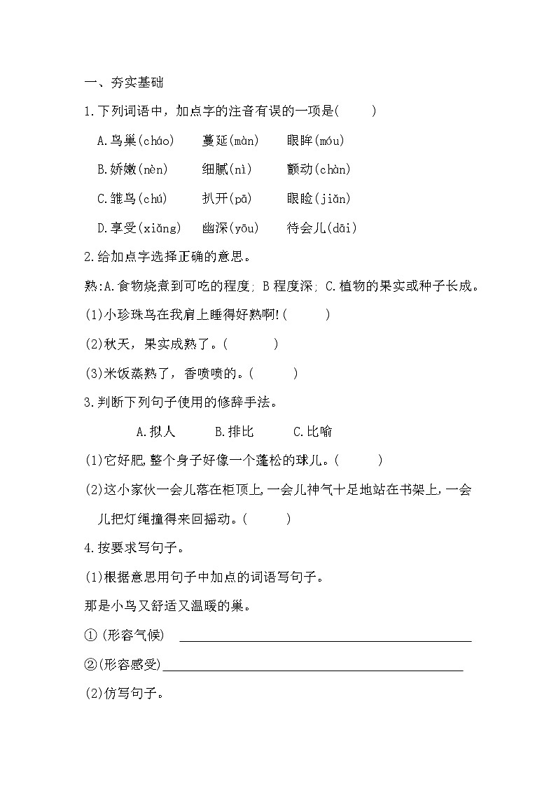 统编版语文五年级上册 第4课《珍珠鸟》 同步练习第2页