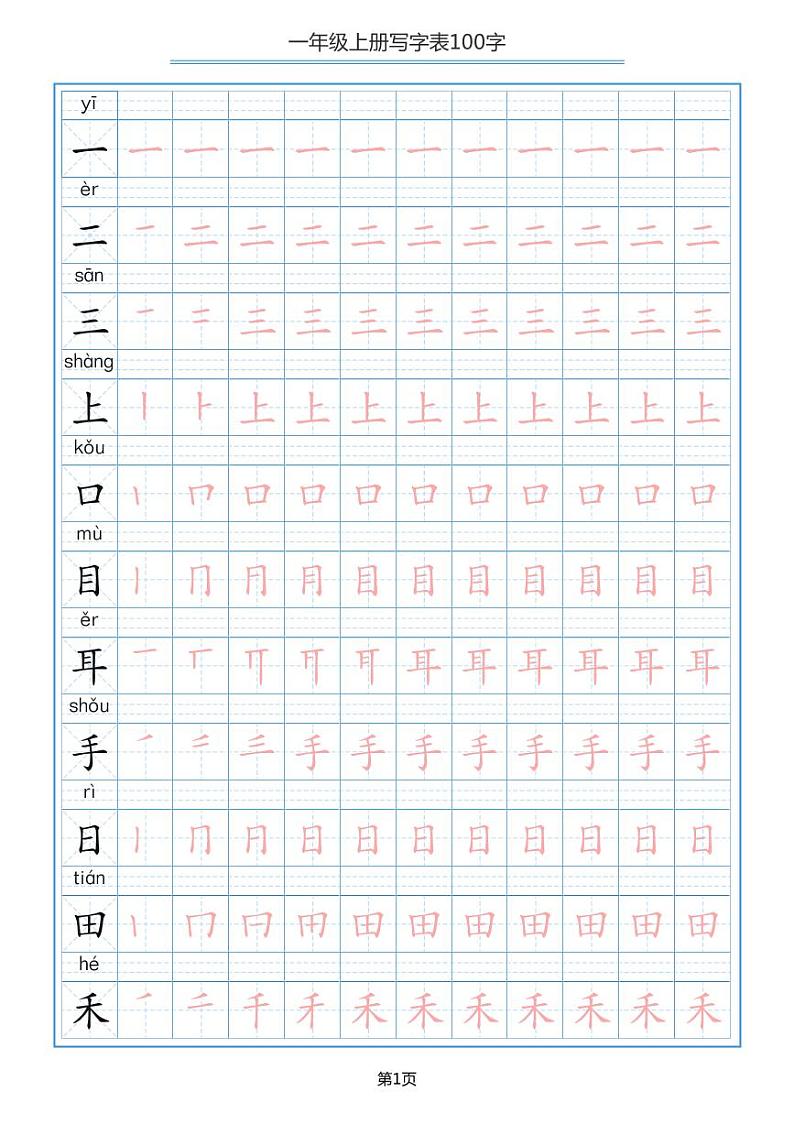 部编版一年级上册语文 写字表100字(田字格笔顺描红)第1页