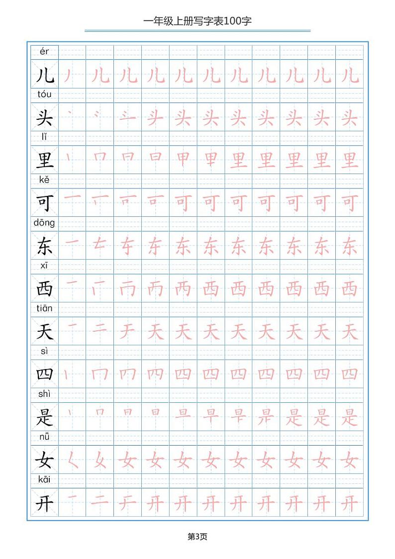 部编版一年级上册语文 写字表100字(田字格笔顺描红)第3页