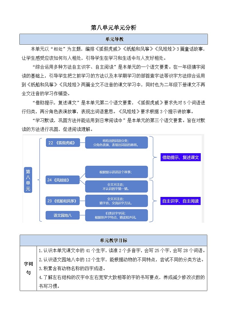 第八单元单元分析-部编版语文二年级上册 教案01