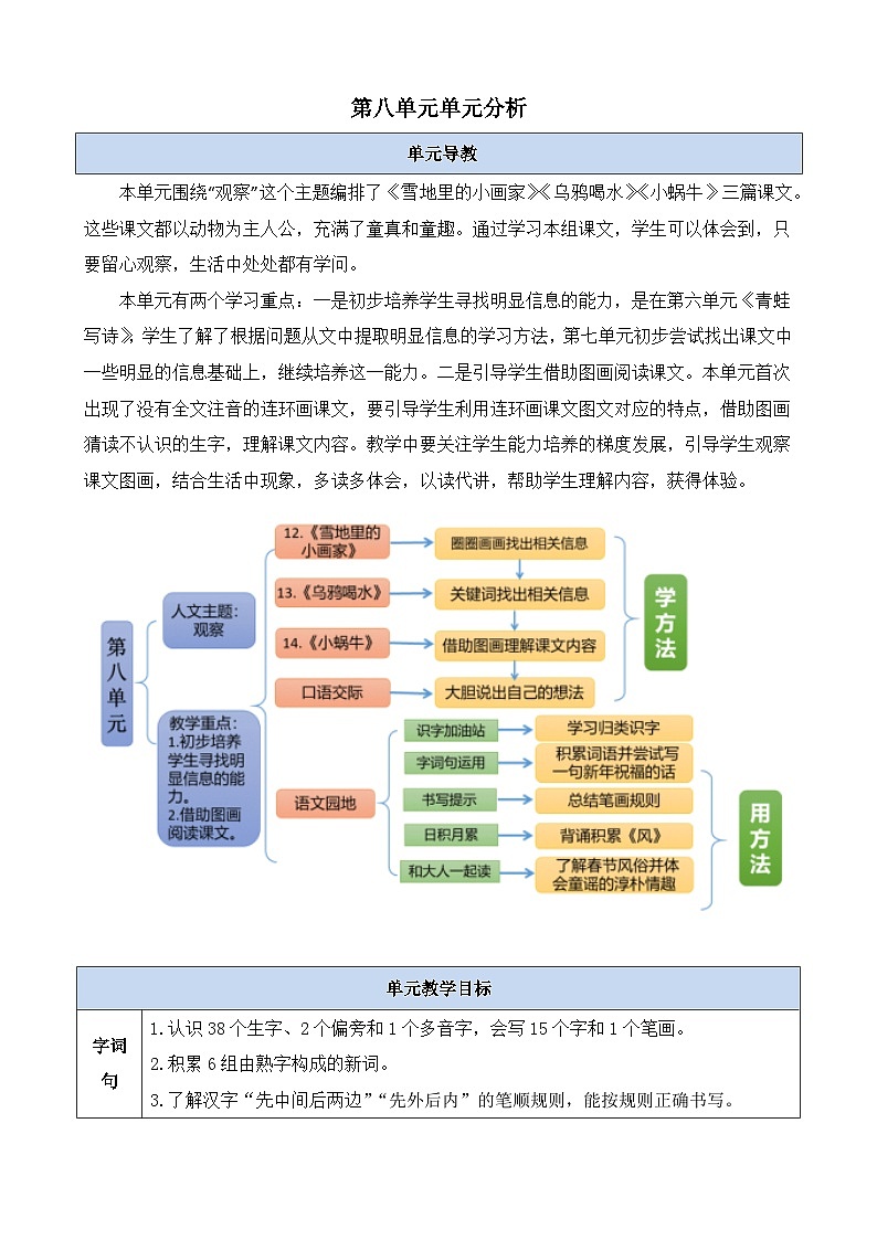 第八单元单元分析-部编版语文一年级上册 教案01