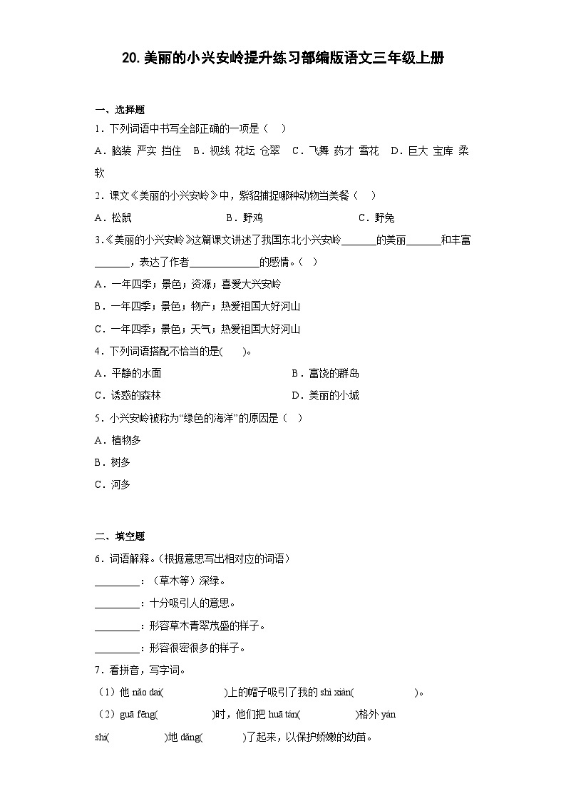 20.美丽的小兴安岭提升练习部编版语文三年级上册01