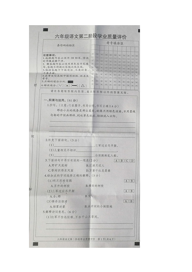 河北省邢台市威县梨园屯学区2023-2024学年六年级上学期11月期中语文试题第1页