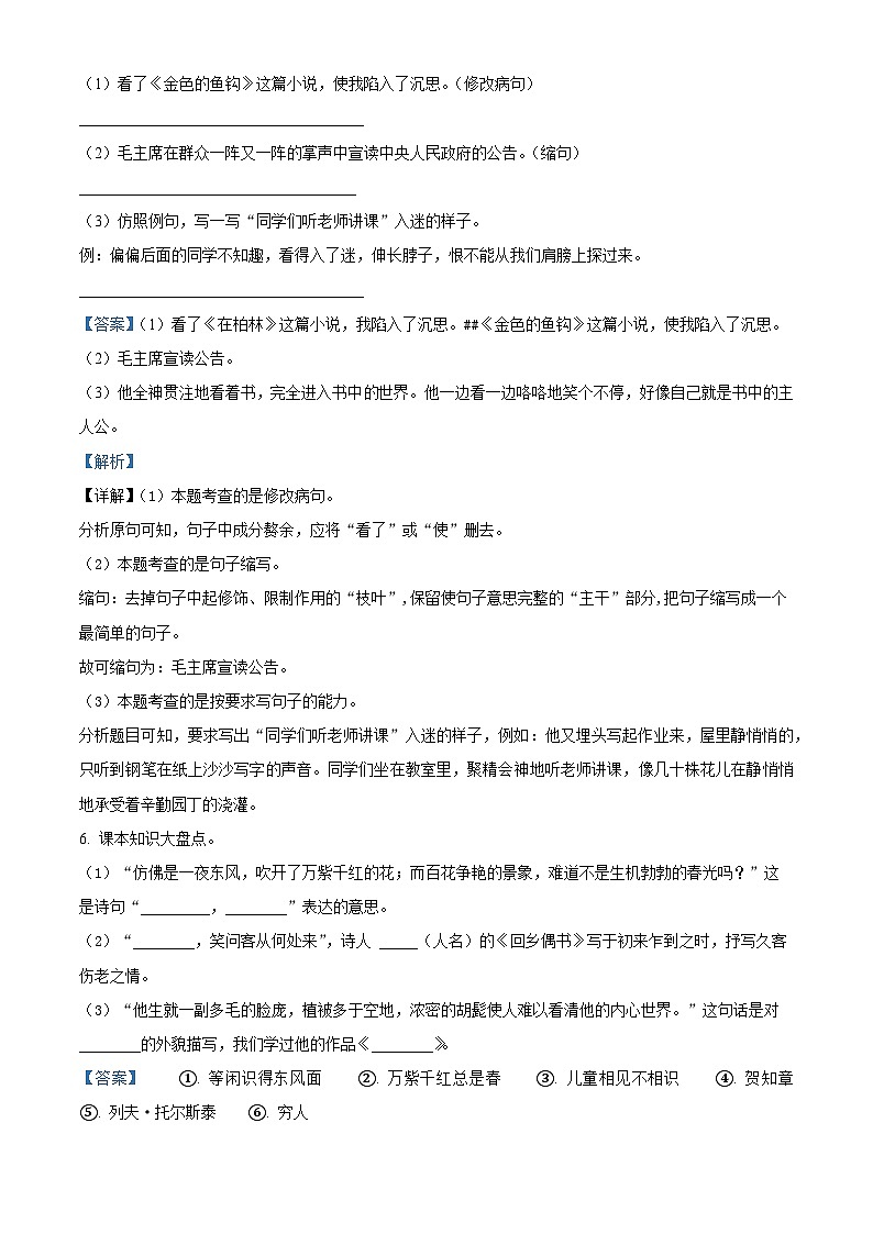 2022-2023学年陕西省榆林市定边县部编版六年级上册期中考试语文试卷(解析版)第3页