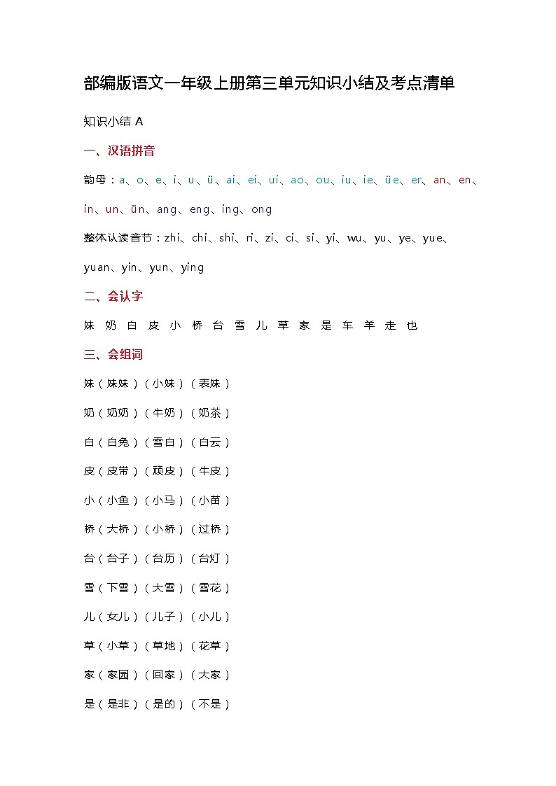 部编版语文一年级上册第三单元知识点小结及考点清单 素材第1页