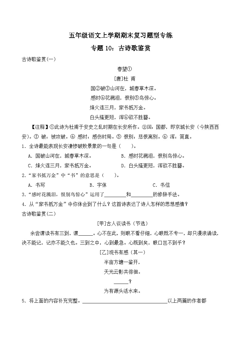 期末复习专练 专题10:古诗歌鉴赏-2023-2024学年 五年级语文上学期期末复习题型专练 原卷版(统编版)第1页
