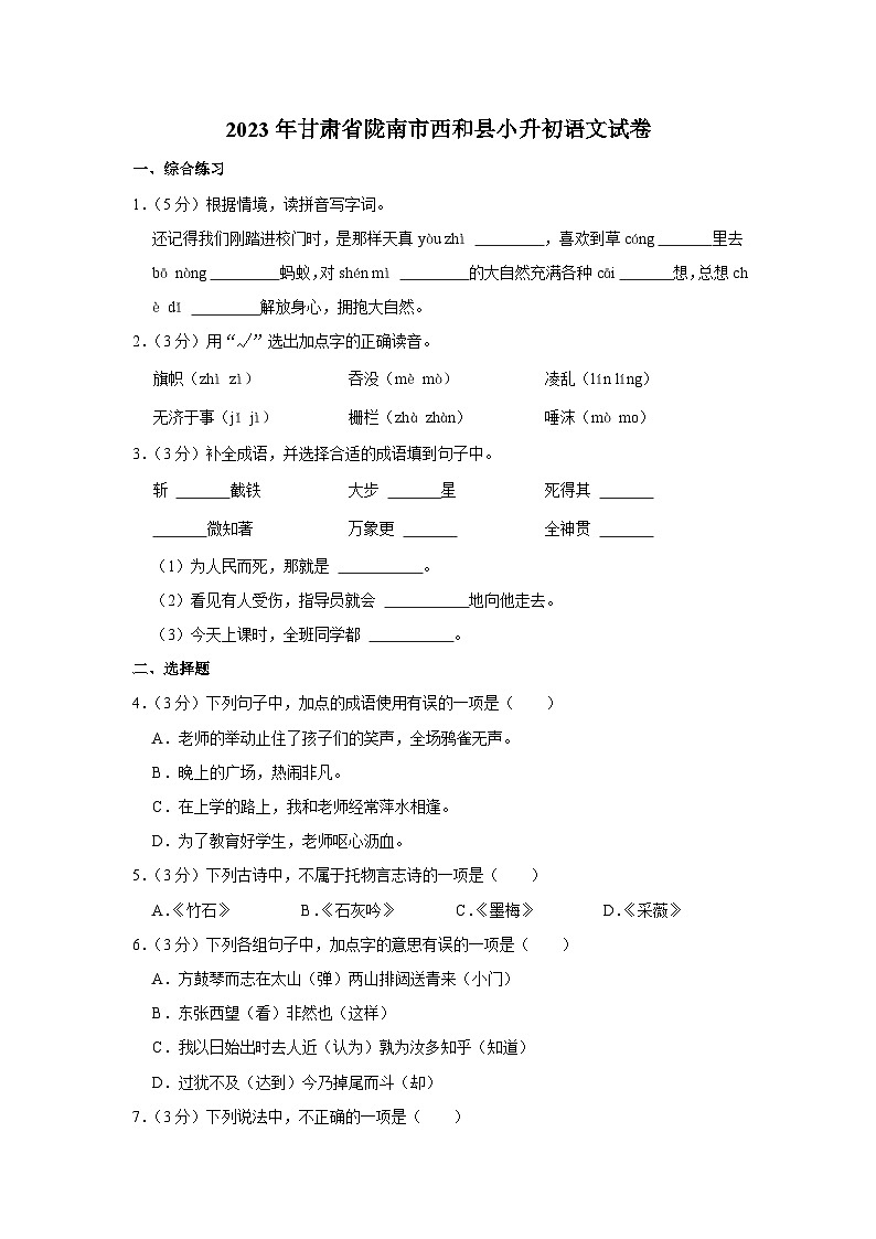 2023年甘肃省陇南市西和县小升初语文试卷01