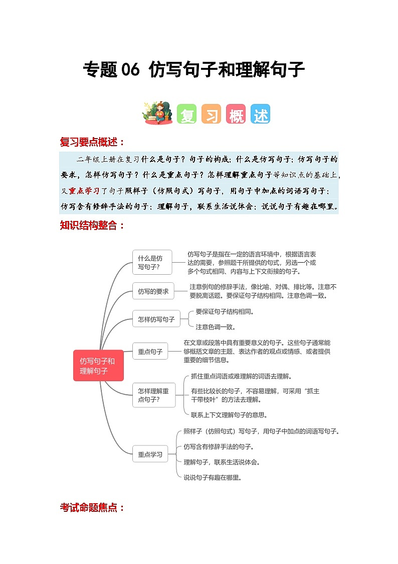 專題06+仿寫句子和理解句子-2023-2024學年二年級語文寒假專項提升（統(tǒng)編版）第1頁