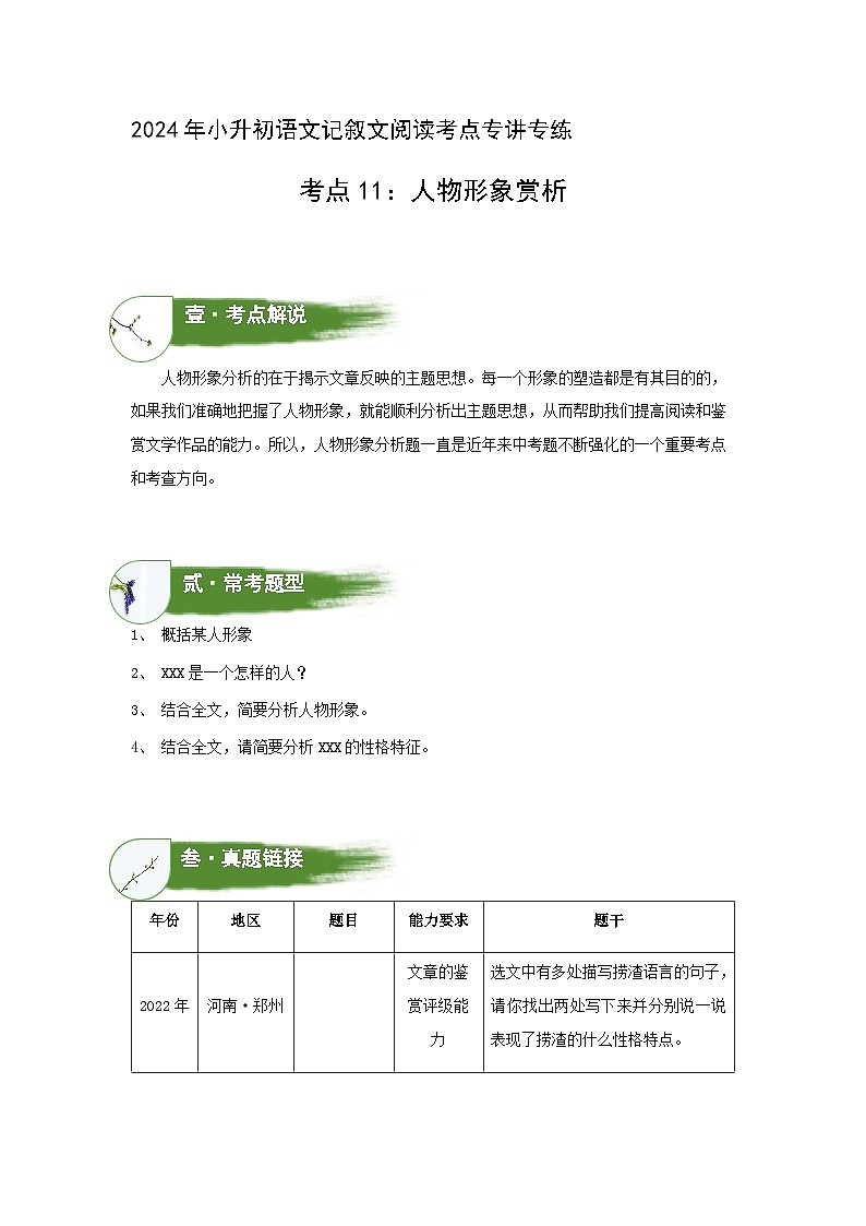 考点11:人物形象赏析(学案)(学生版)2024年小升初语文 记叙文阅读专讲专练01
