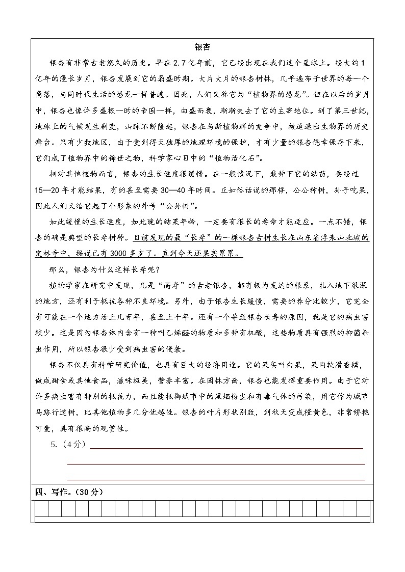 2023-2024学年六年级语文上册期末全真模拟提高卷(二)(统编版)答题卡第3页