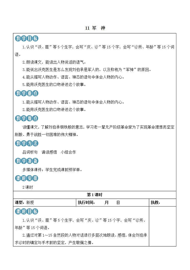 人教部编版语文五年级下册 第11课《军神》第二课时 课件+教案+学习单01