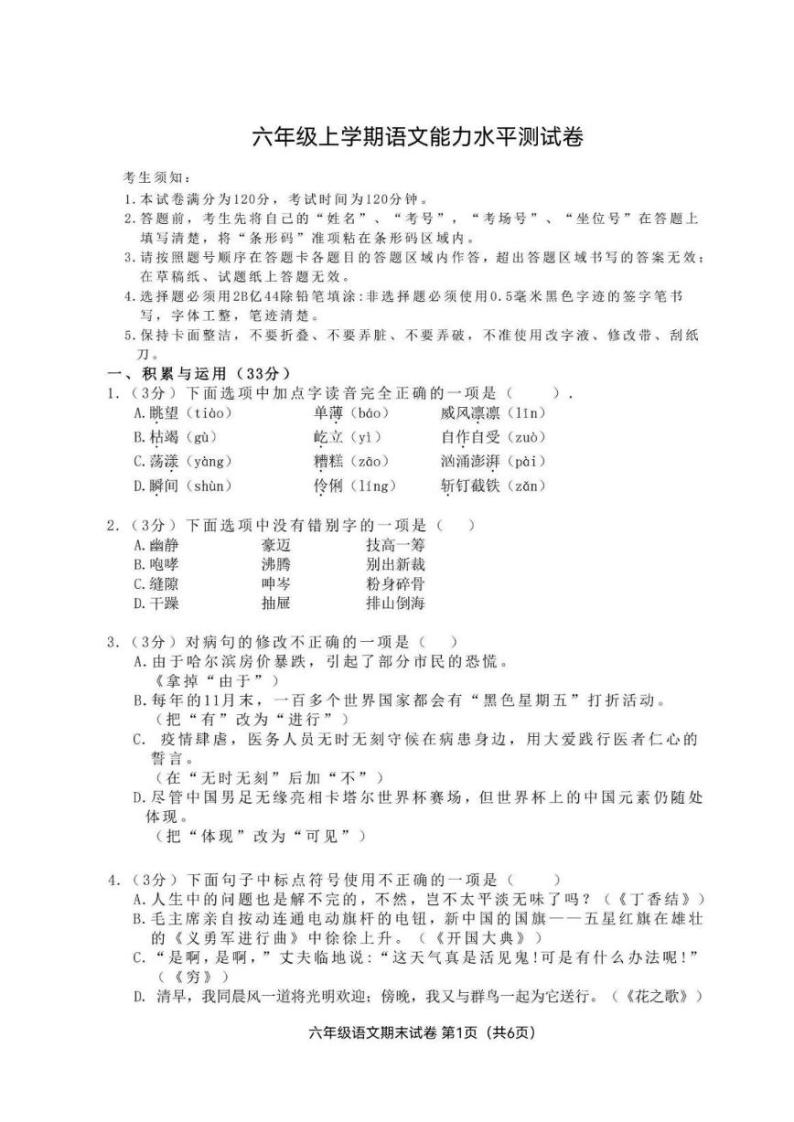 黑龙江省哈尔滨市道外区2023-2024学年六年级上学期期末测试语文试题01