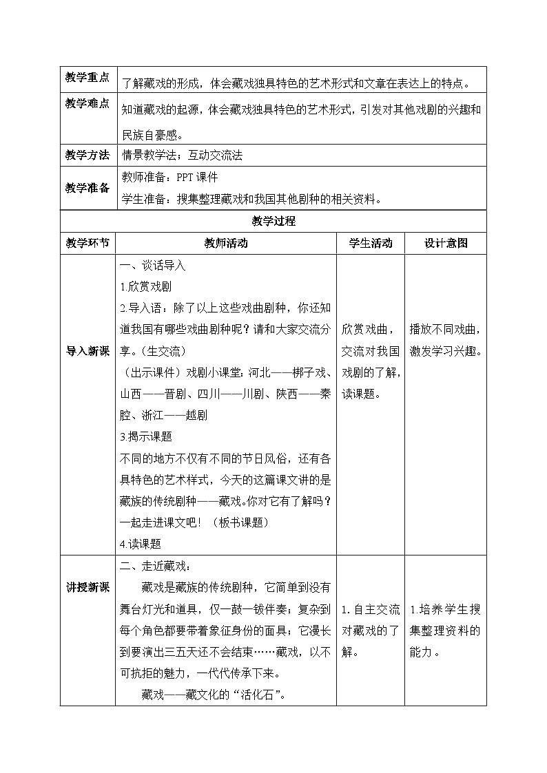 【核心素养】部编版小学语文六年级下册4《藏戏》 教学设计(含教学反思)第2页