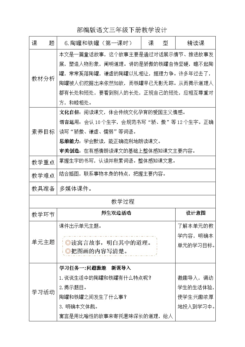 【核心素养】部编版语文三年级下册-6. 陶罐和铁罐 第1课时(课件+教案+学案+习题)01