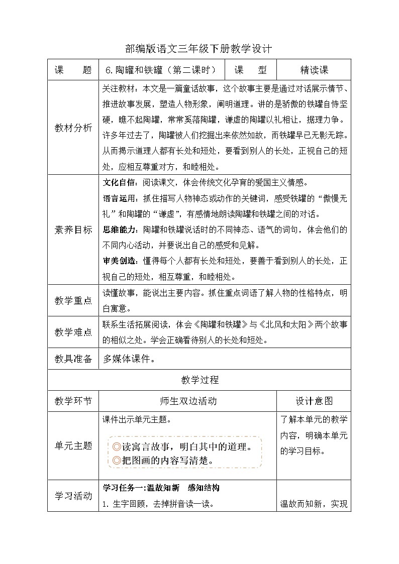 【核心素养】部编版语文三年级下册-6. 陶罐和铁罐 第2课时(课件+教案+学案+习题)01