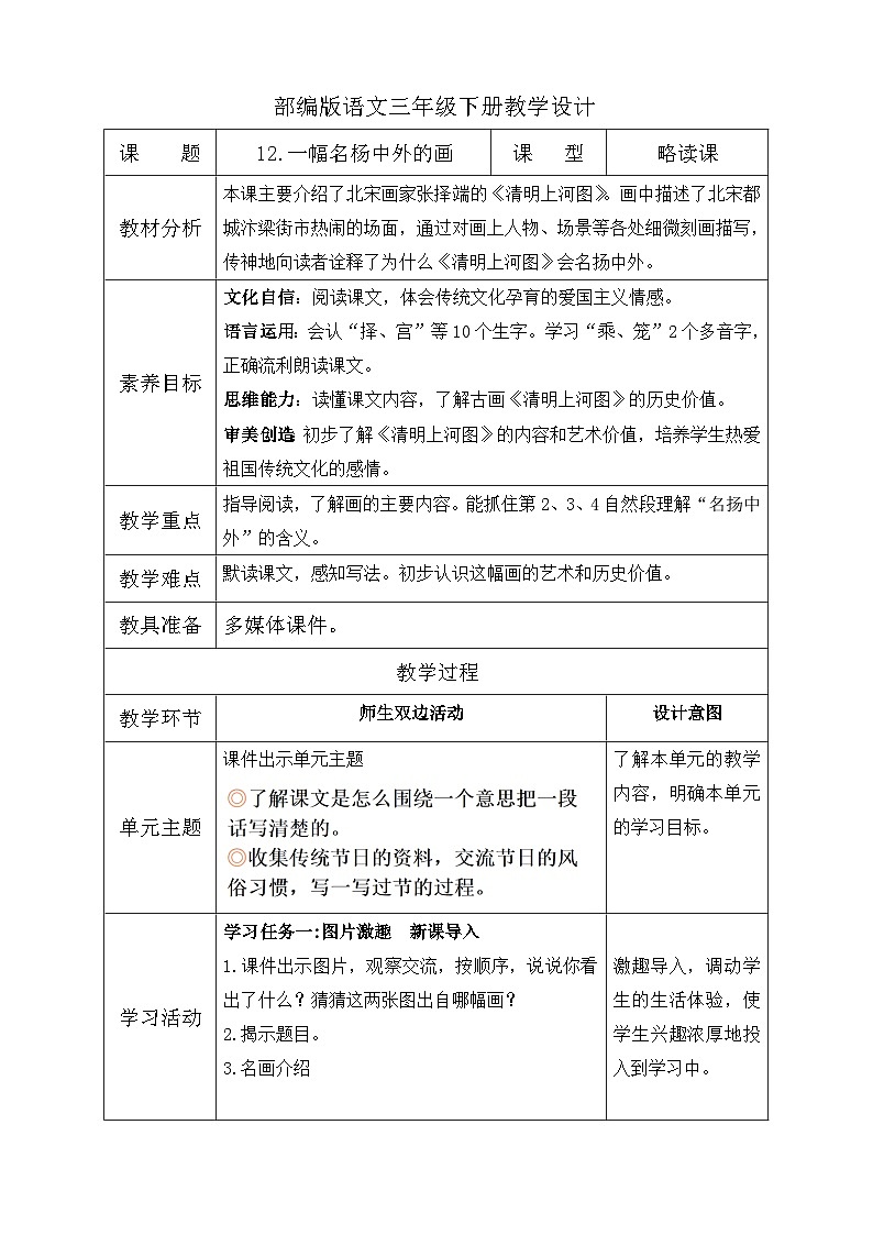 【核心素养】部编版语文三年级下册-12. 一副名扬中外的画(教学设计含反思)第1页