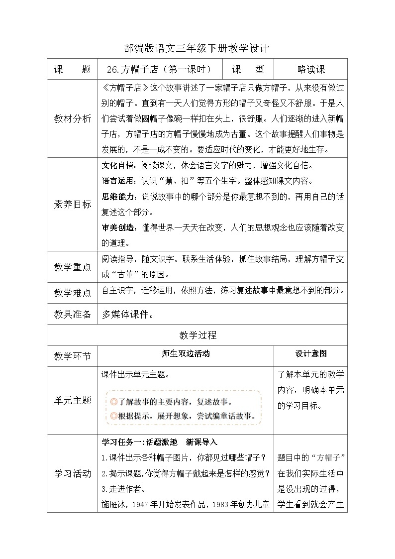 【核心素养】部编版语文三年级下册-26. 方帽子店（课件+教案+学案+习题）01