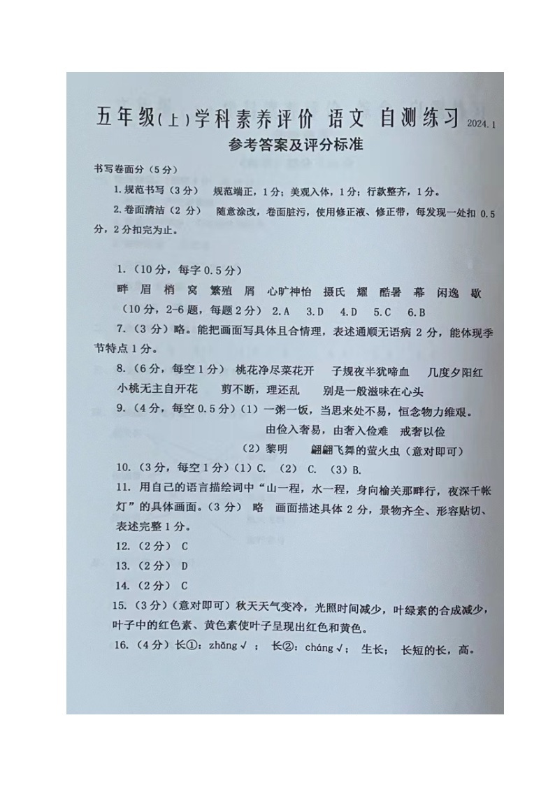 江苏省兴化市2023-2024学年五年级上学期期末语文试卷01