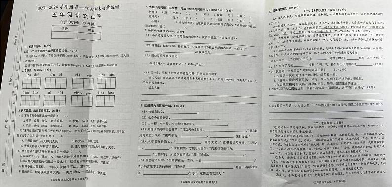 安徽省铜陵市枞阳县2023-2024学年五年级上学期期末考试语文试题01