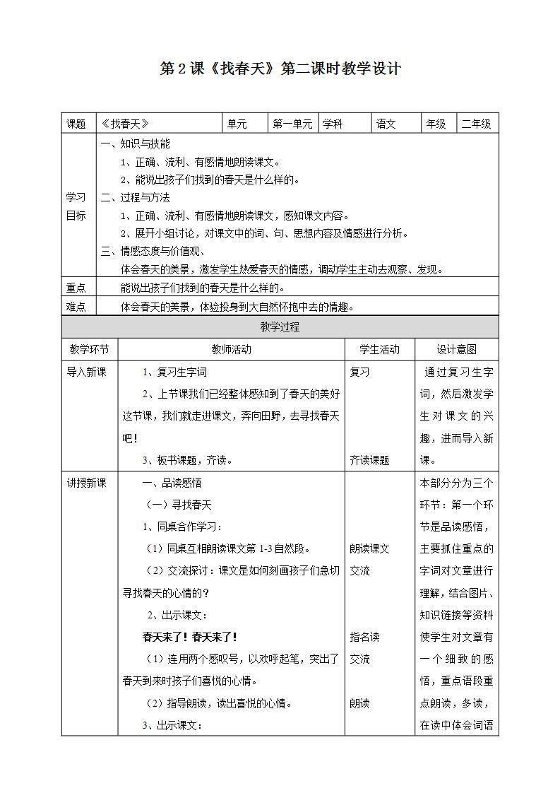 人教部编版语文二年级下册 第二课《找春天》第2课时 课件+教案01