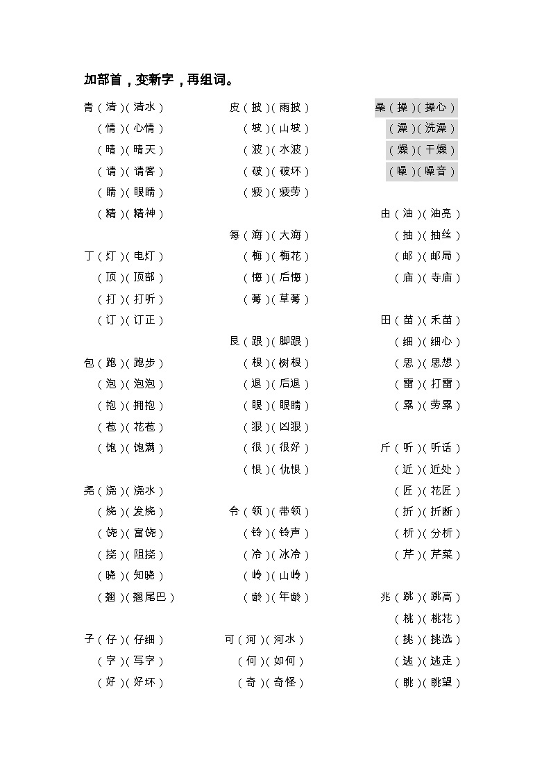 部编版一下语文 加部首,变新字,再组词复习学案01