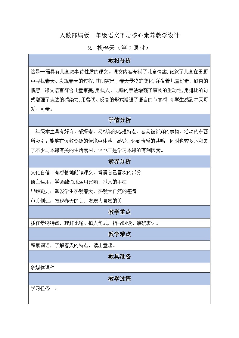 【核心素养】部编版语文二年级下册-2. 找春天 第2课时(教学设计含反思)第1页