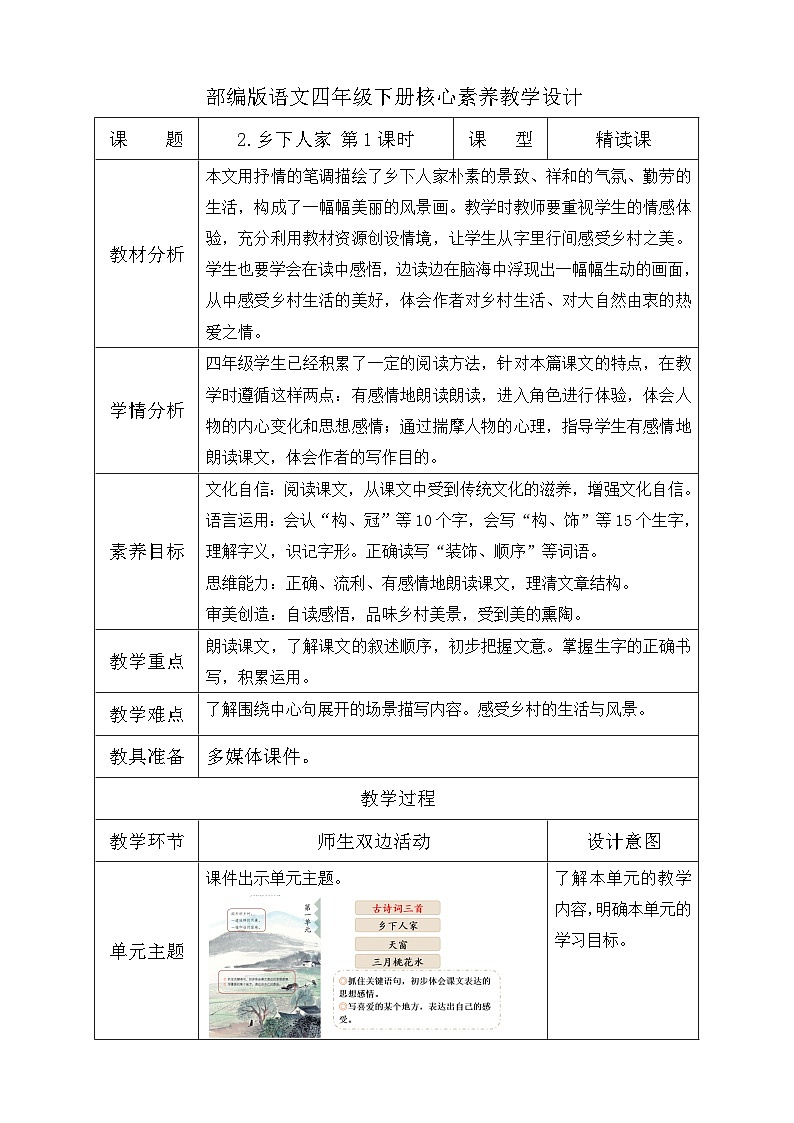 【核心素养】部编版语文四年级下册-2.乡下人家 第1课时(教学设计含反思)第1页