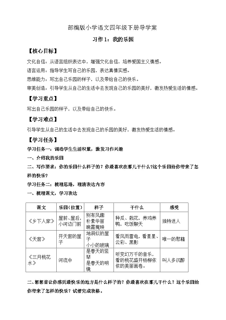 【核心素养】部编版语文四年级下册-习作1:我的乐园(课件+教案+导学案+分层作业)01