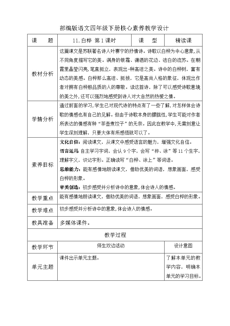 【核心素养】部编版语文四年级下册-11.白桦 第1课时(课件+教案+导学案+分层作业)01