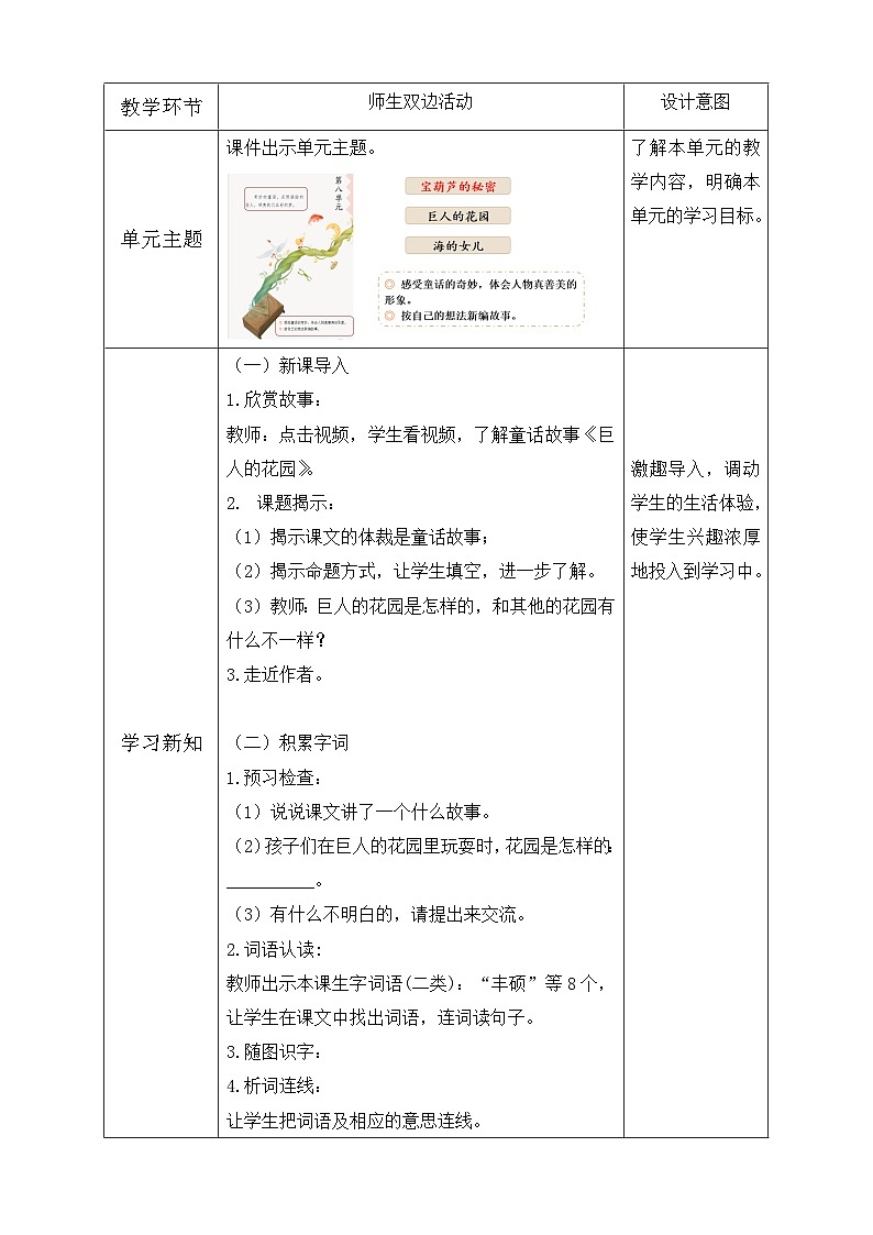 【核心素养】部编版语文四年级下册-27.巨人的花园 第1课时(教学设计含反思)第2页