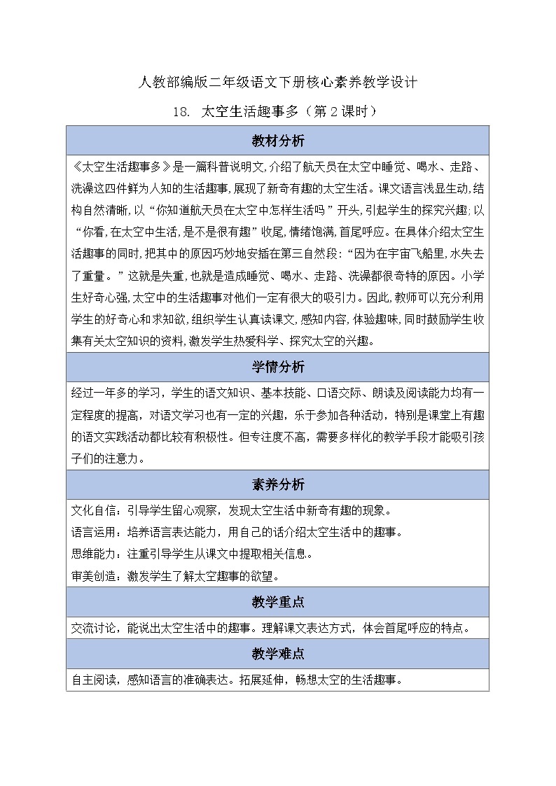 【核心素养】部编版语文二年级下册-18. 太空生活趣事多 第2课时（课件+教案+学案+习题）01