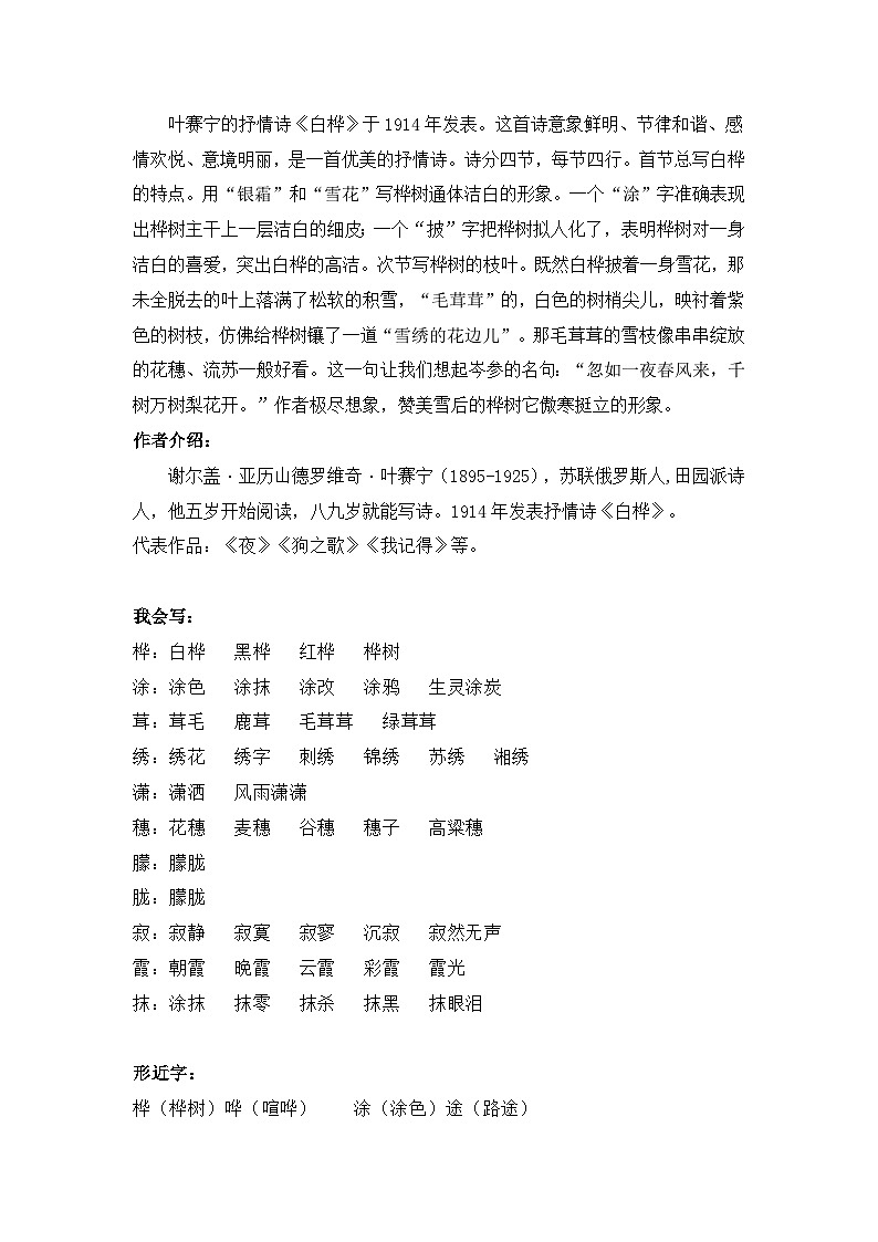 11《白桦》知识点总结+练习-2023-2024学年的下半学期语文+四年级下册(统编版)02