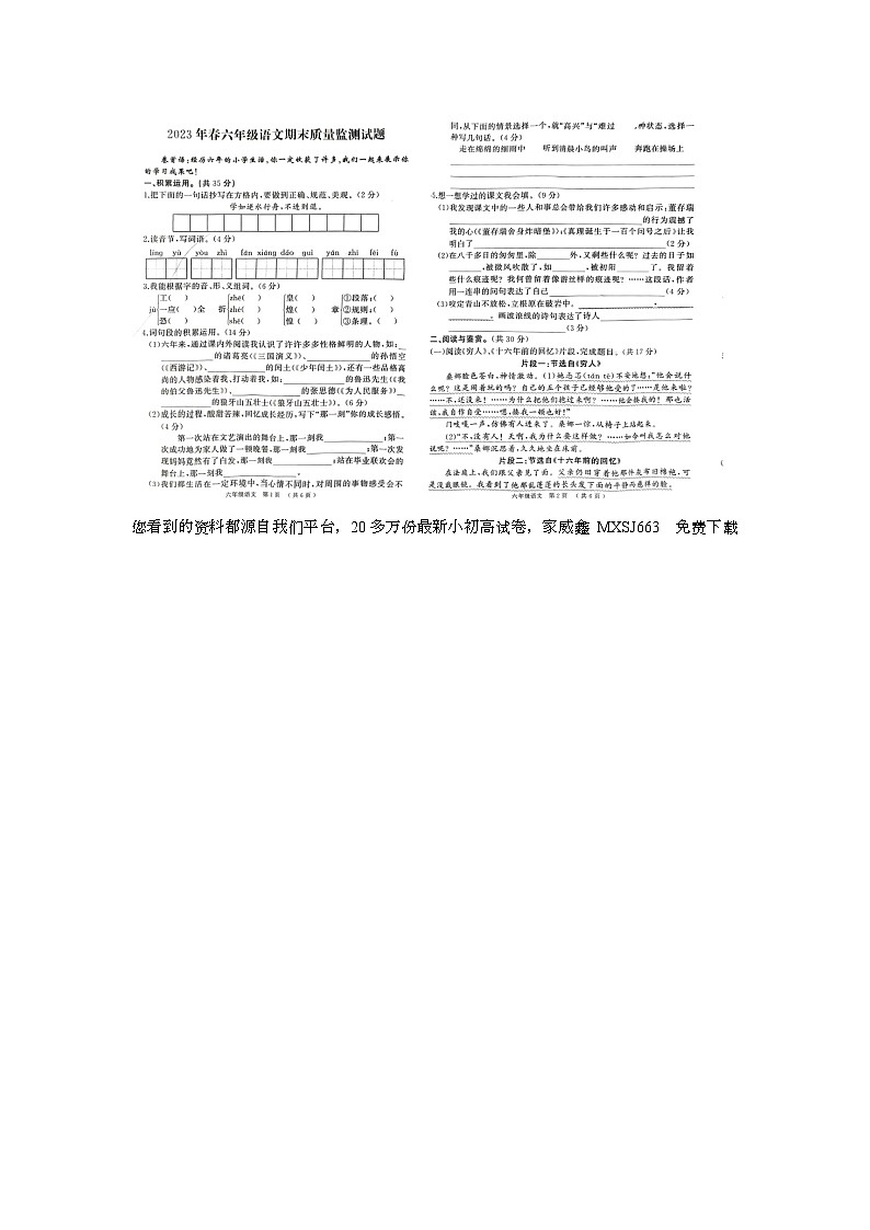09,河南省驻马店市2022-2023学年六年级下学期期末语文试题第1页