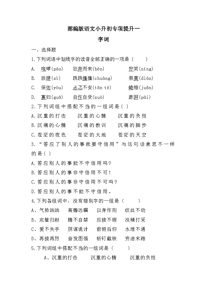 小升初专项提升一(试题) 统编版语文六年级下册第1页