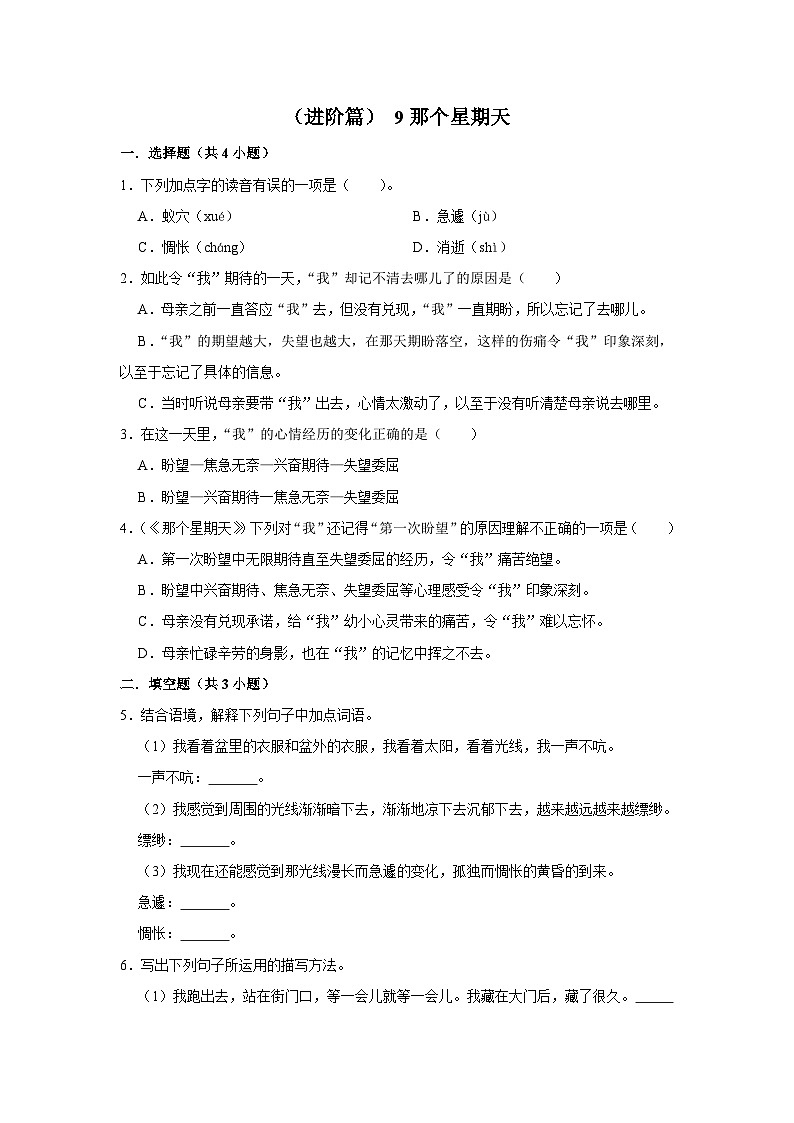 (进阶篇)人教部编版六下语文 同步分层作业9《那个星期天》第1页