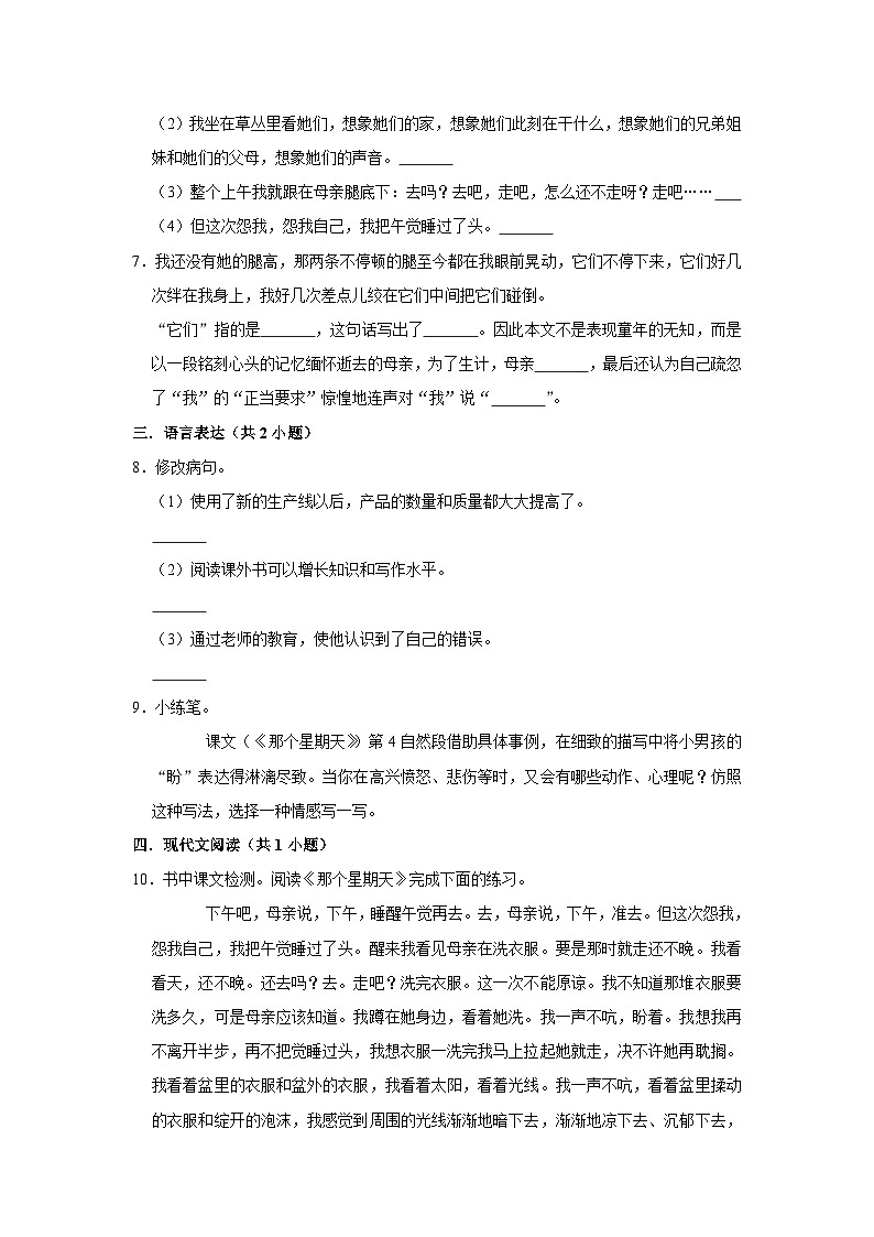 (进阶篇)人教部编版六下语文 同步分层作业9《那个星期天》第2页
