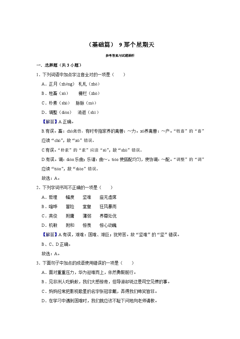 (基础篇)人教部编版六下语文 同步分层作业9《那个星期天》第3页