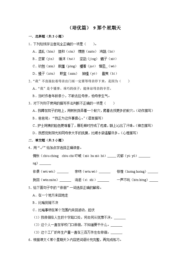 (培优篇)人教部编版六下语文 同步分层作业9《那个星期天》第1页