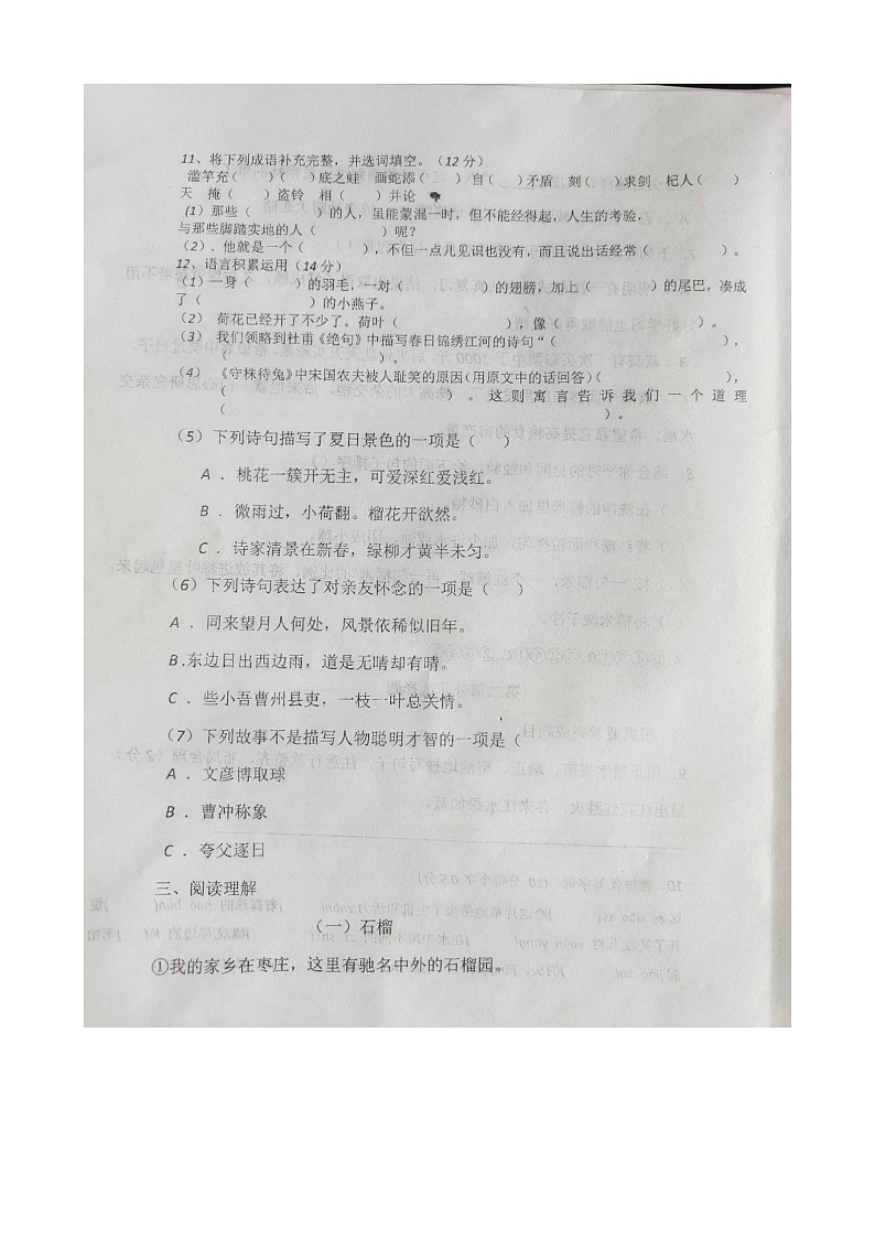 山东省潍坊市诸城市实验小学2023-2024学年三年级下学期3月月考语文试题第3页