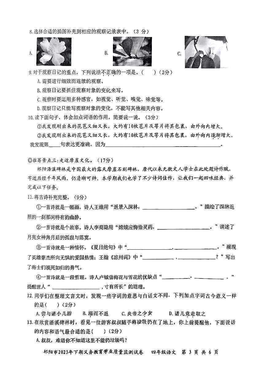 湖南省永州市祁陽(yáng)市20223-2024學(xué)年四年級(jí)上學(xué)期期末義務(wù)教育學(xué)業(yè)質(zhì)量檢測(cè)語(yǔ)文試卷第3頁(yè)